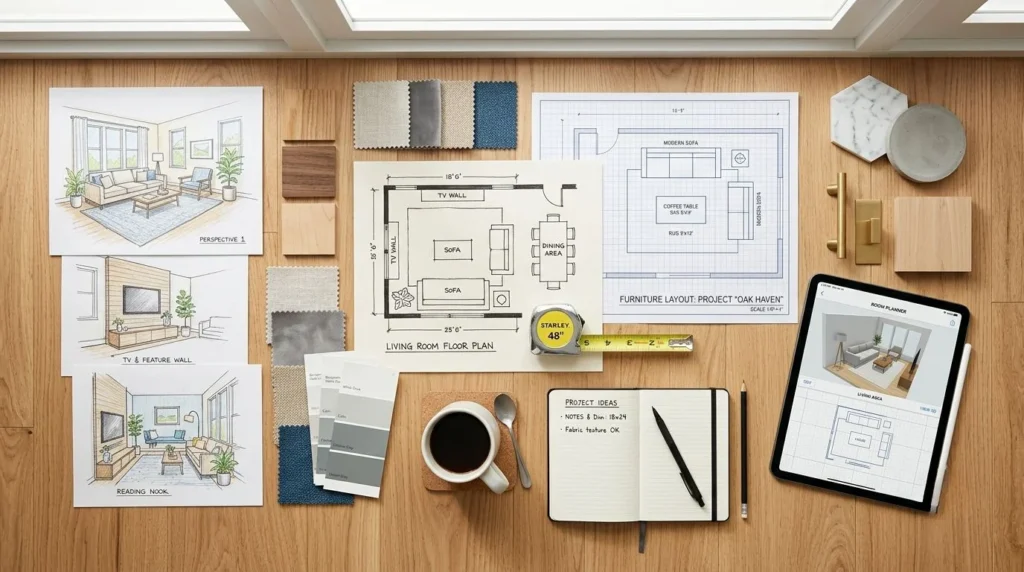 Living room planning with furniture layout, floor plan, and room decoration ideas.