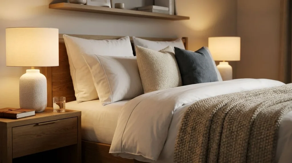 Luxury bedroom bedding with layered pillows, warm lighting, and hotel-style comfort.