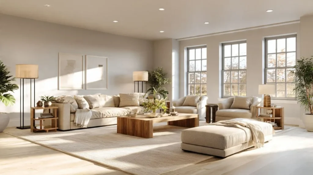 Modern medium-sized living room design with comfortable seating and stylish decor.