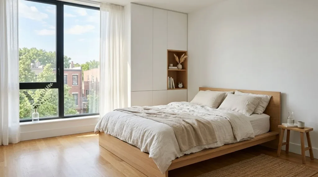 Minimalist bedroom featuring clean lines, simple furniture, and natural lighting.