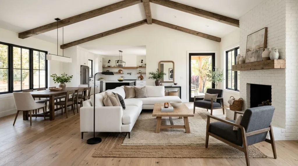 Open-concept living room blending modern and farmhouse home decor styles.