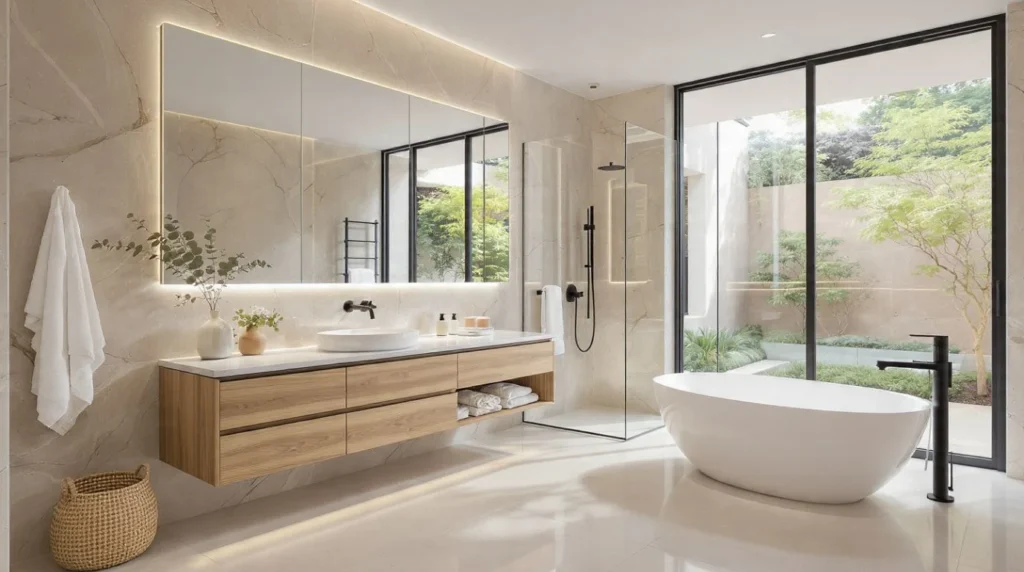 Modern bathroom decor with a floating vanity, freestanding tub, and black fixtures