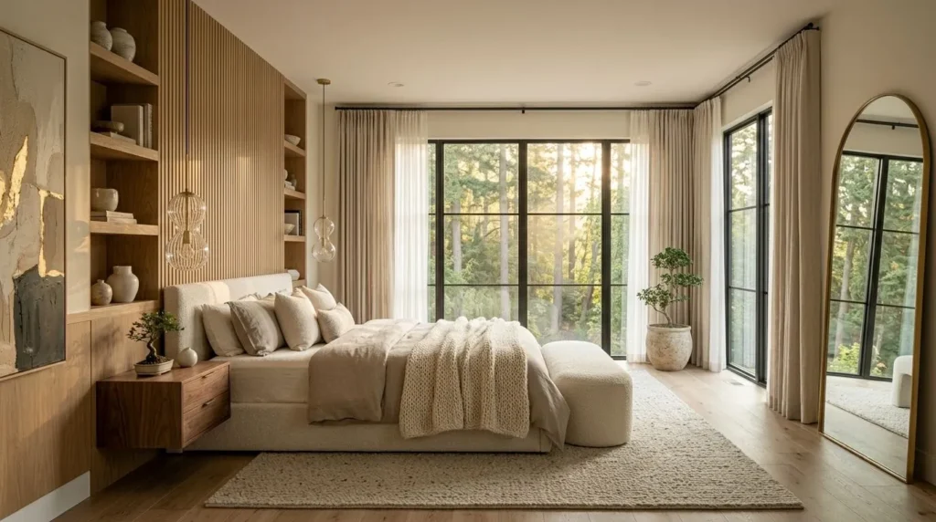 Modern bedroom decor featuring an upholstered bed, neutral bedding, and pendant lighting