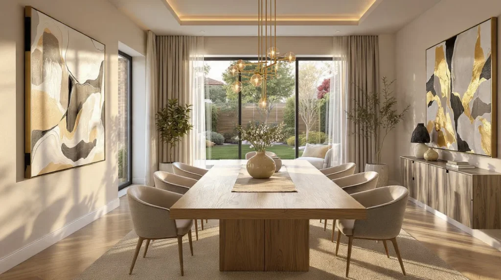 Modern dining room decor with a wooden table, statement chandelier, and neutral chairs