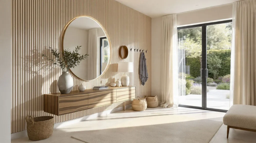 Modern entryway decor with a floating console table, arched mirror, and boucle bench