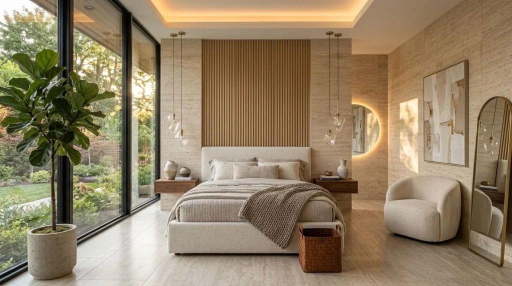Modern guest bedroom decor with neutral bedding, pendant lights, and cozy textures