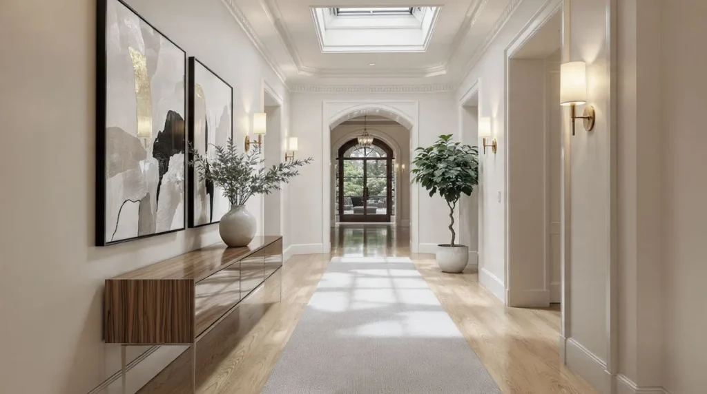 Modern hallway decor featuring a gallery wall, runner rug, and floating console table