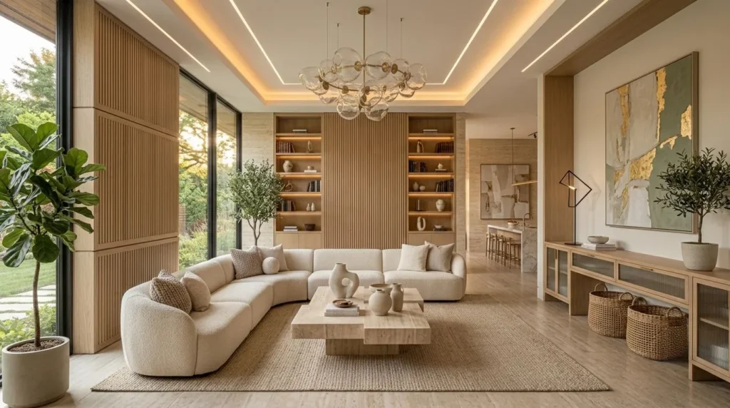 Modern home decor featuring neutral colors, natural light, layered textures, and minimalist interior design