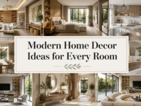 Modern home decor ideas for every room, featuring stylish living room, kitchen, bedroom, bathroom, hallway, and home office interiors