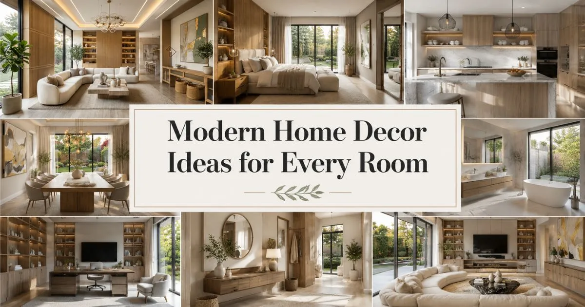Modern home decor ideas for every room, featuring stylish living room, kitchen, bedroom, bathroom, hallway, and home office interiors