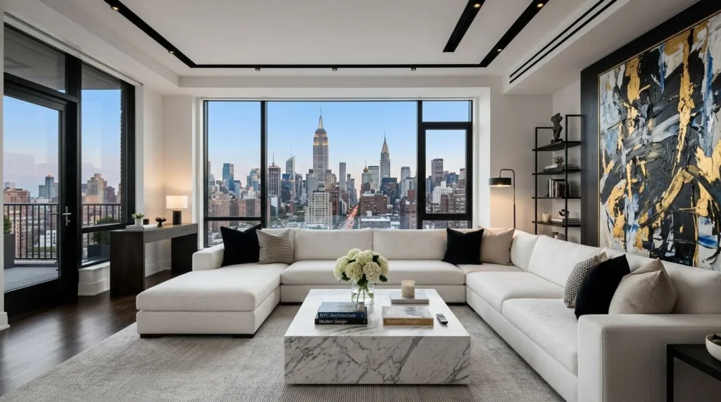 Luxury modern living room with contemporary furniture and floor-to-ceiling windows.