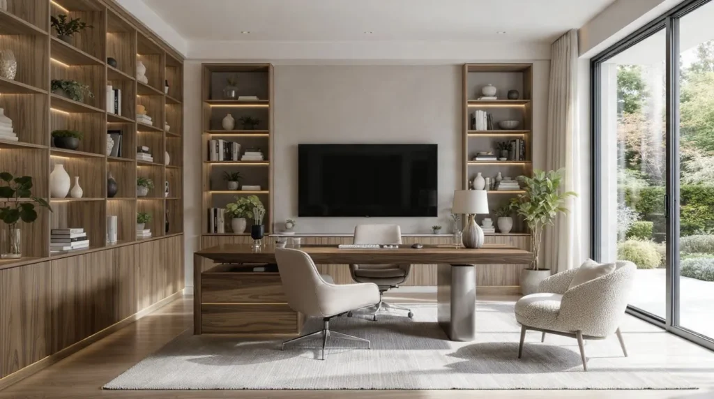 Modern home office with a floating desk, ergonomic chair, and built-in bookshelves