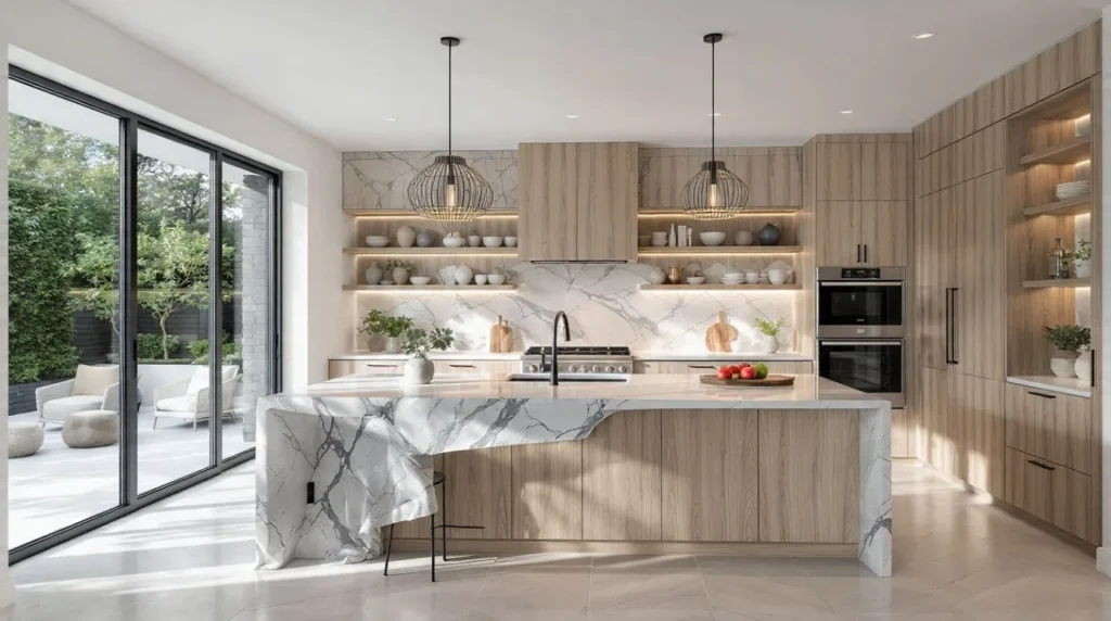 Modern kitchen decor with a quartz island, open shelving, and oak cabinetry