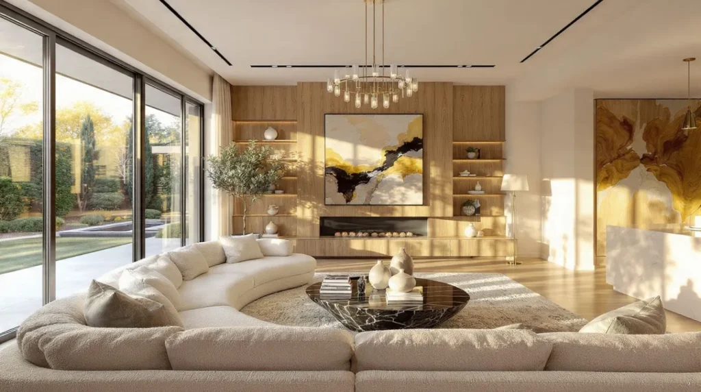 Modern living room decor with a curved sectional sofa, gallery wall, and layered lighting