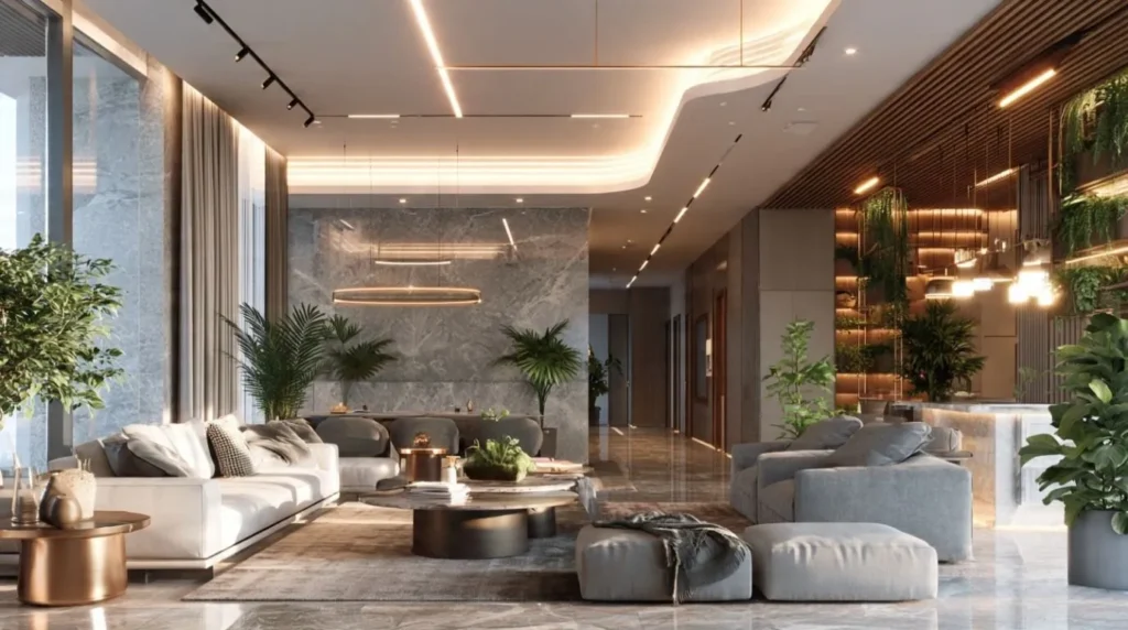 Modern eco-friendly interior design with natural wood, stone elements, neutral colors, and vibrant indoor plants.
