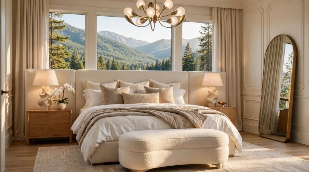 Elegant upholstered ottoman placed at the foot of a luxury bed in a contemporary master bedroom.