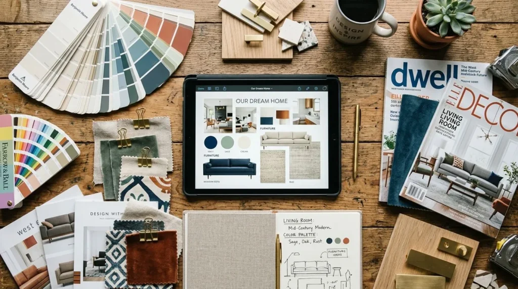 Interior design planning materials including mood boards, paint samples, and decor inspiration.