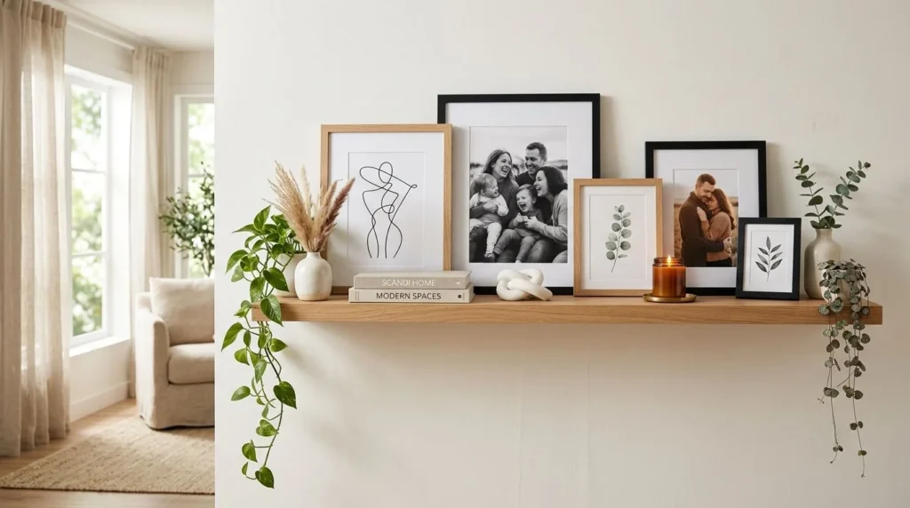 Decorative picture frames styled with books, plants, and candles on a modern floating shelf.