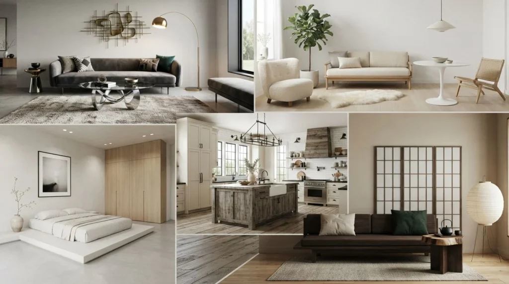 Popular home decor styles including Modern, Scandinavian, Farmhouse, Japandi, and Minimalist.