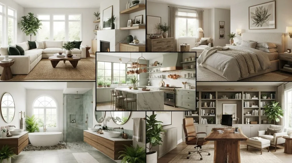 Examples of professionally designed living room, bedroom, kitchen, bathroom, and home office.