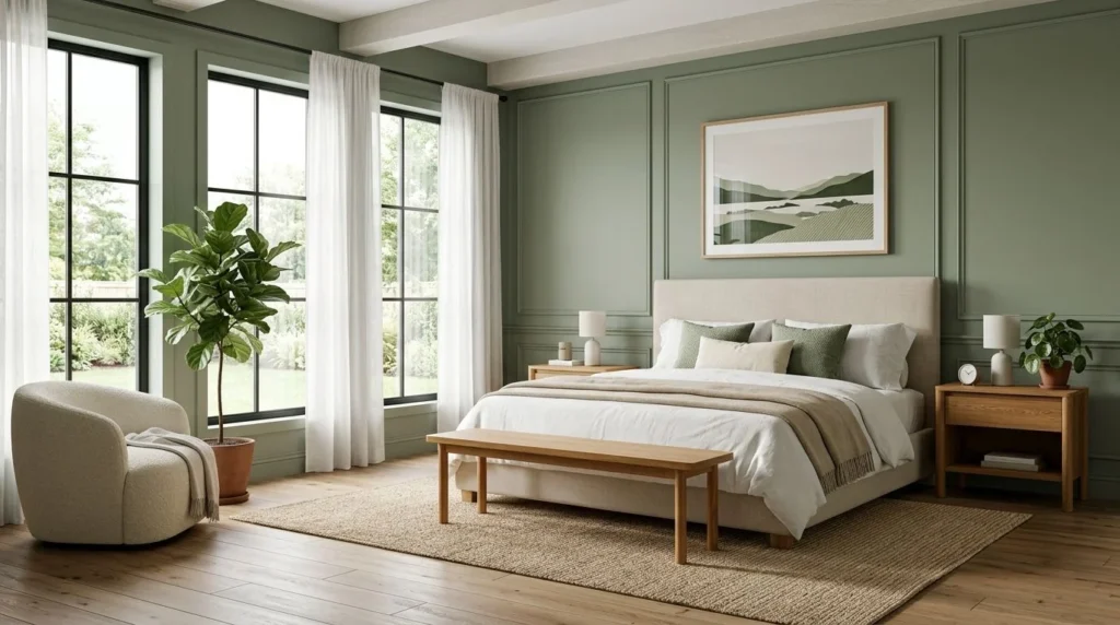 Relaxing bedroom color palette with sage green walls, beige furniture, and natural wood accents.