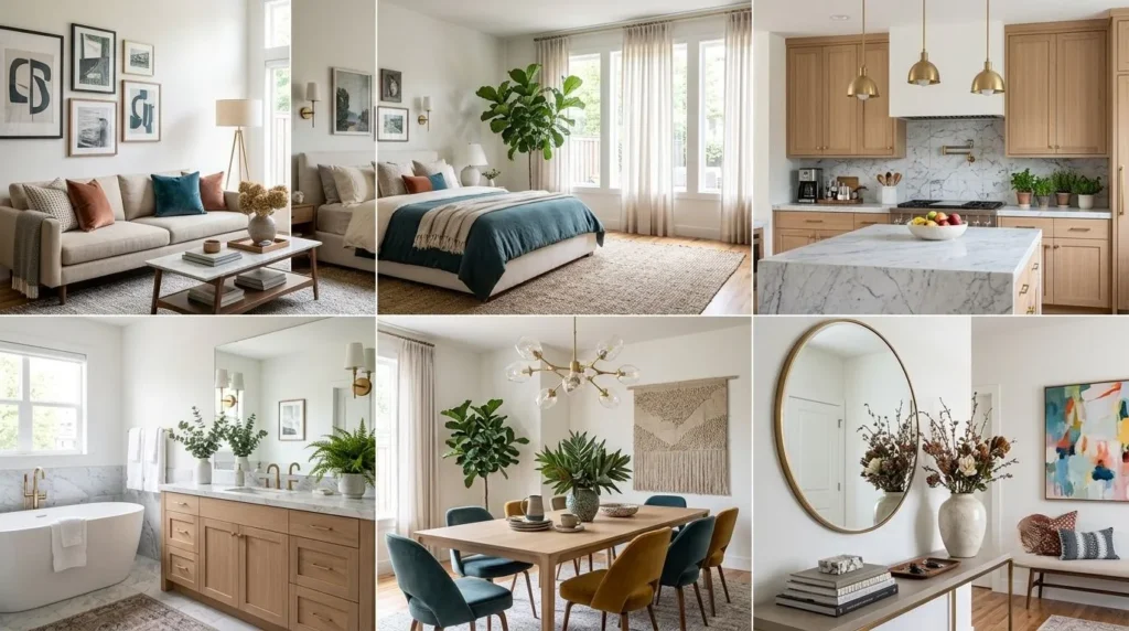 Beautifully decorated living room, bedroom, kitchen, bathroom, dining room, and entryway with smart home décor ideas.