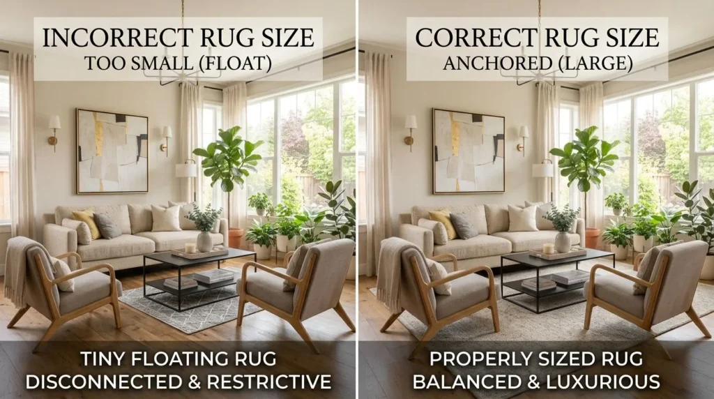 Area rug size comparison showing the correct rug placement for a living room.
