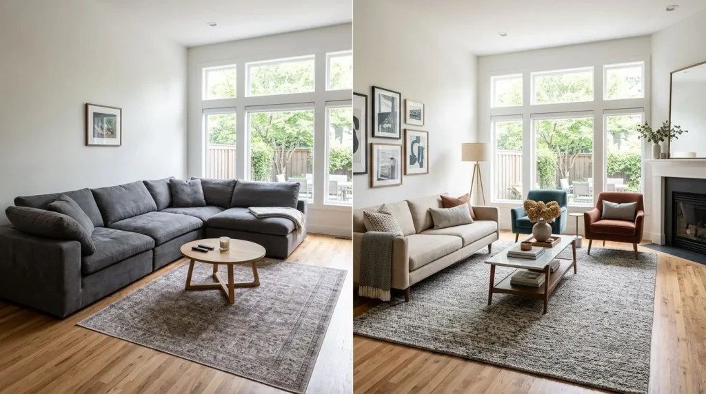 Example of proper furniture scale and proportion in a modern living room.