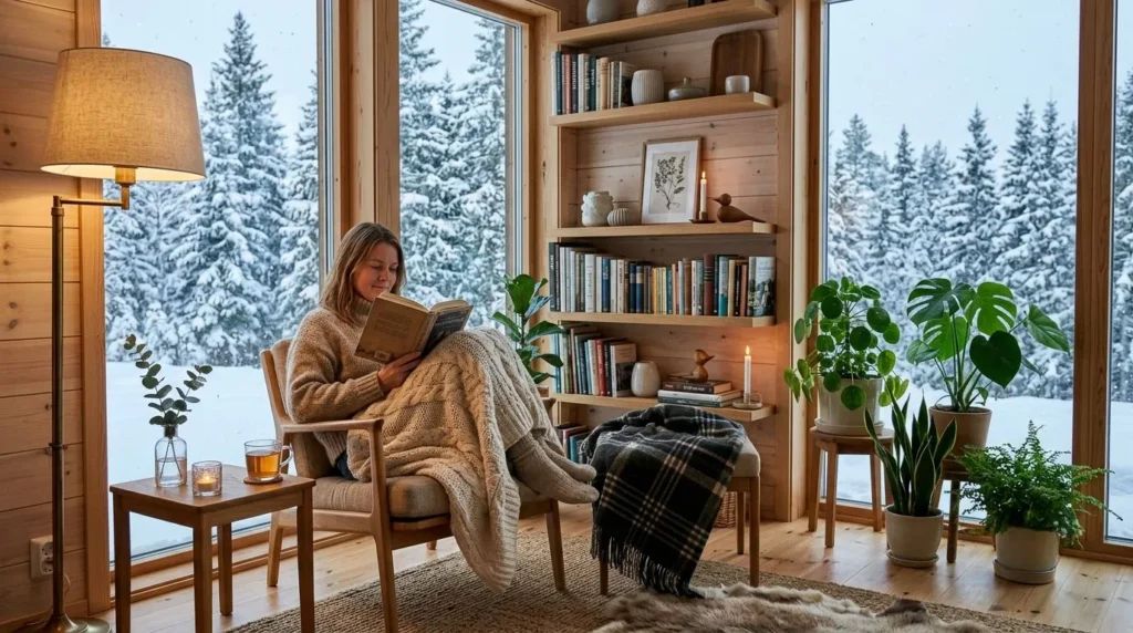 Scandinavian reading corner with wooden furniture, plants, and cozy textiles.