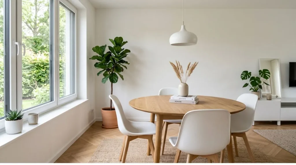Scandinavian dining room with wooden table and natural sunlight