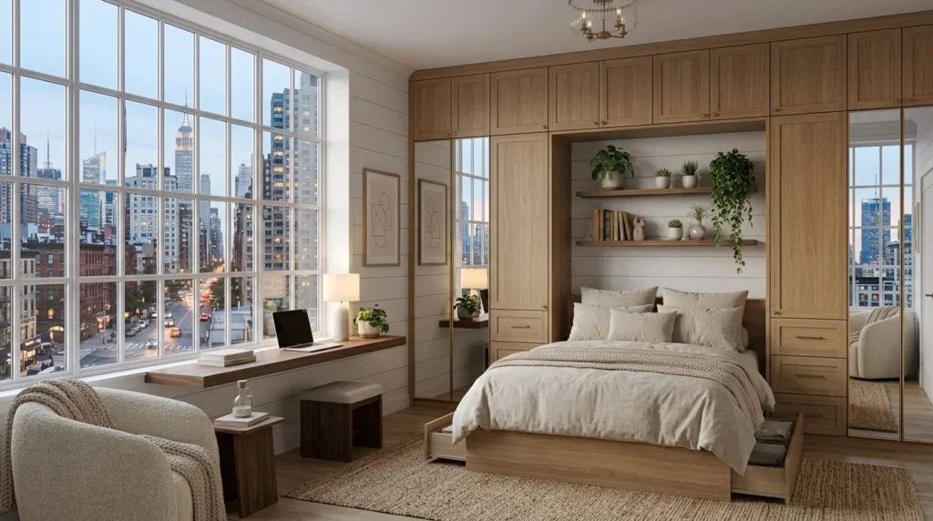 Small bedroom ideas with space-saving furniture, built-in storage, and modern apartment design.