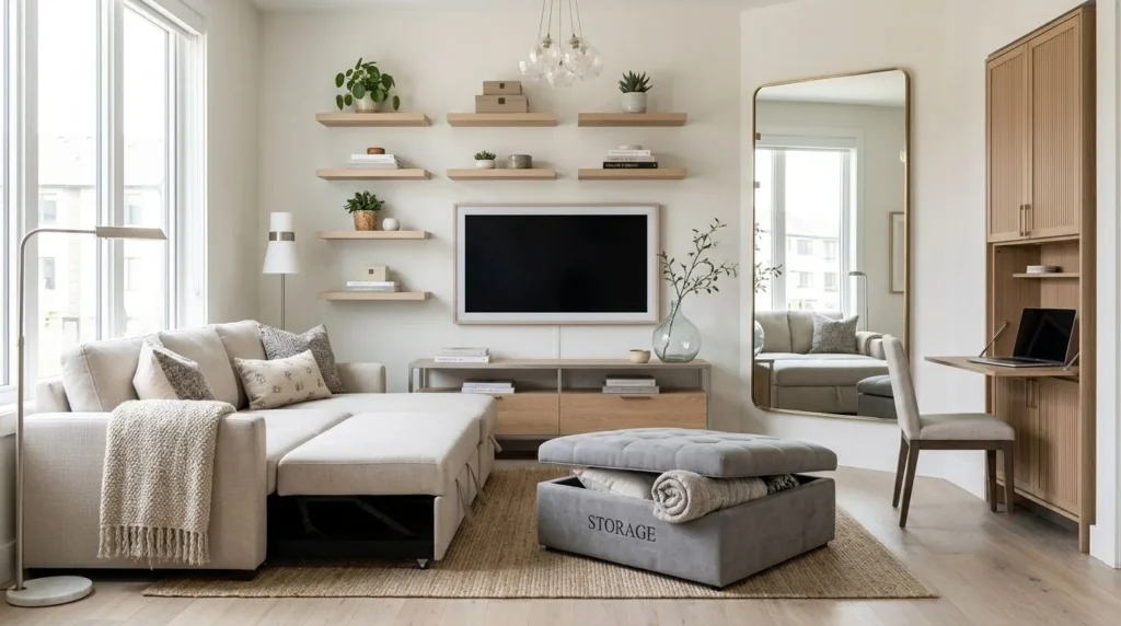 Small living room decoration ideas with space-saving furniture.