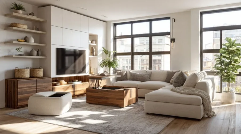Smart storage ideas for organized living room decoration.
