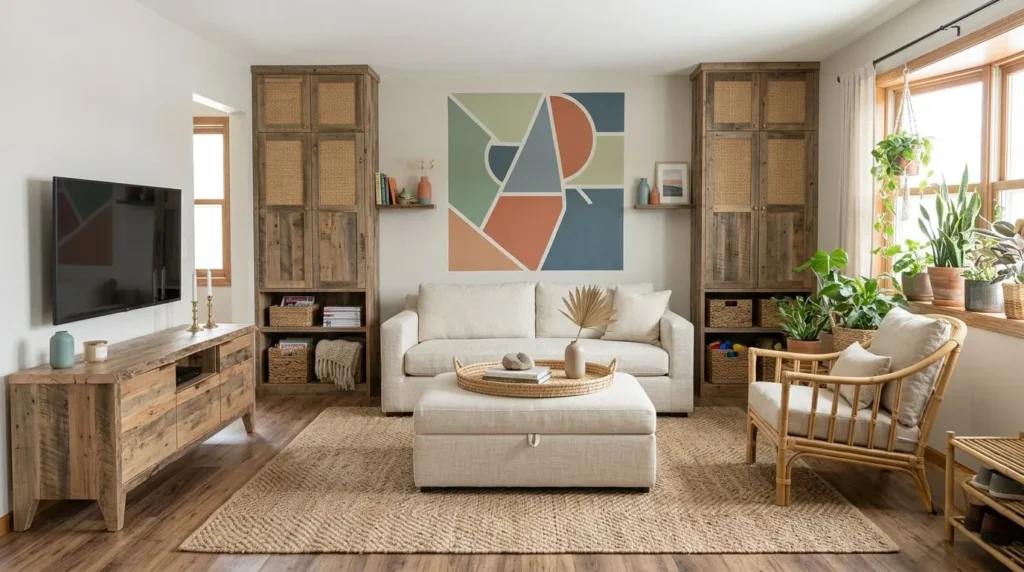 Eco-friendly room decoration ideas with sustainable furniture and decor.