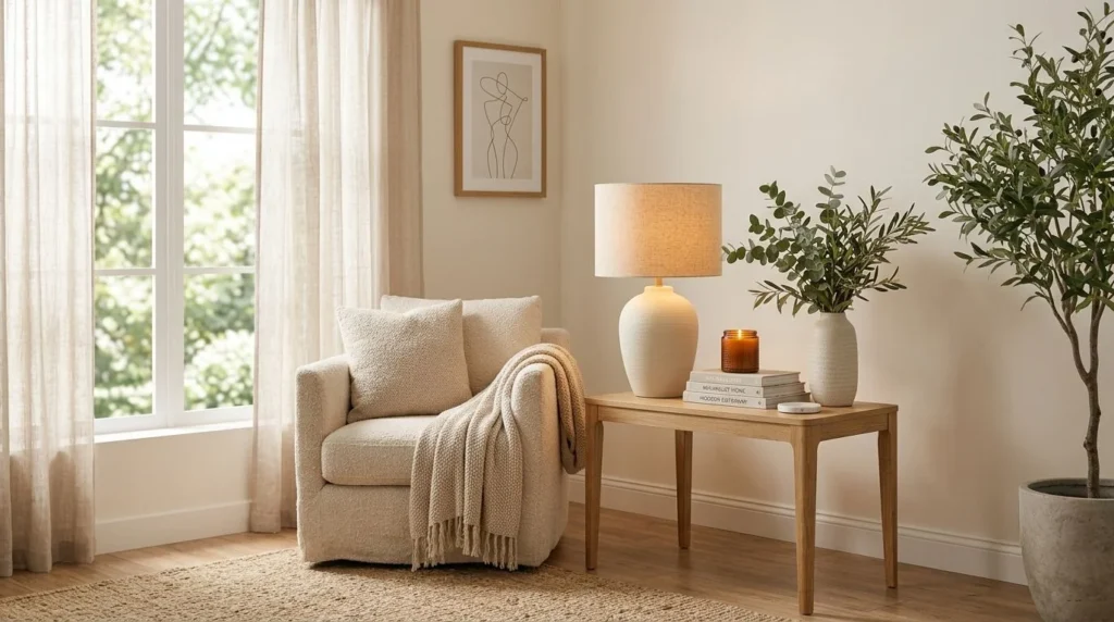 Modern ceramic table lamp on a wooden side table creating warm layered lighting in a Scandinavian living room.
