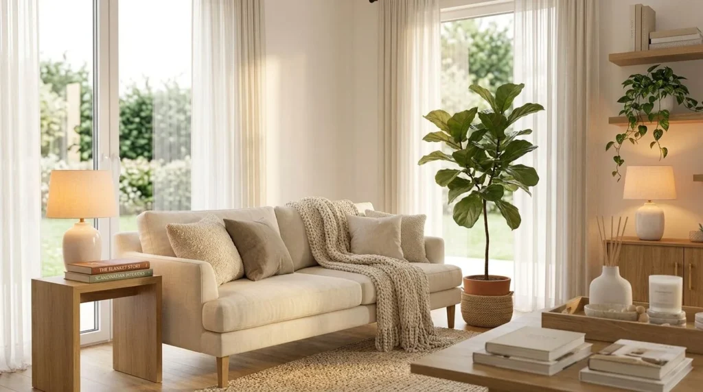 Soft knitted throw blanket adding warmth and texture to a modern Scandinavian living room.