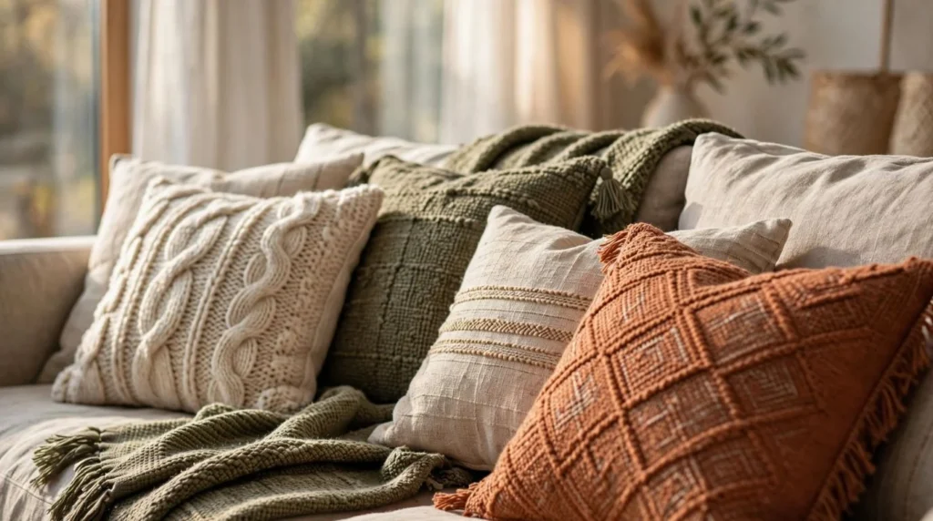 Decorative throw pillows adding texture and comfort to a modern living room.