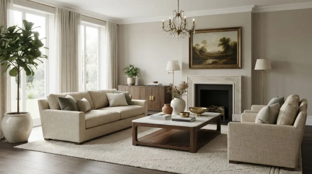 Timeless home decor ideas with neutral colors, solid wood furniture, marble accents, indoor greenery, linen fabrics, and classic decorative accessories