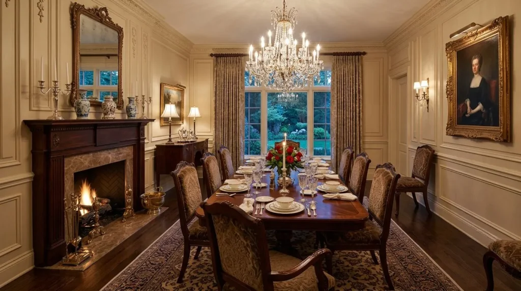 Traditional dining room with elegant furniture and classic decorative details.
