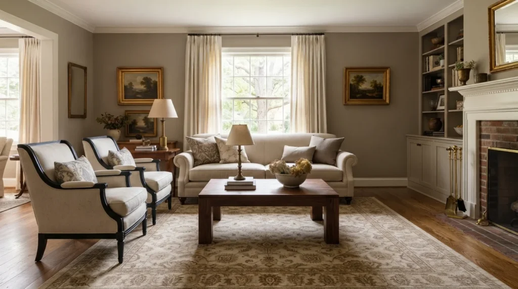 Traditional American living room with classic furniture and warm neutral decor