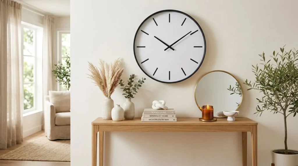 Modern wall clock displayed above a stylish console table in a contemporary home.