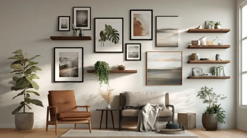 Stylish wall decoration with photo frames and modern interior art design