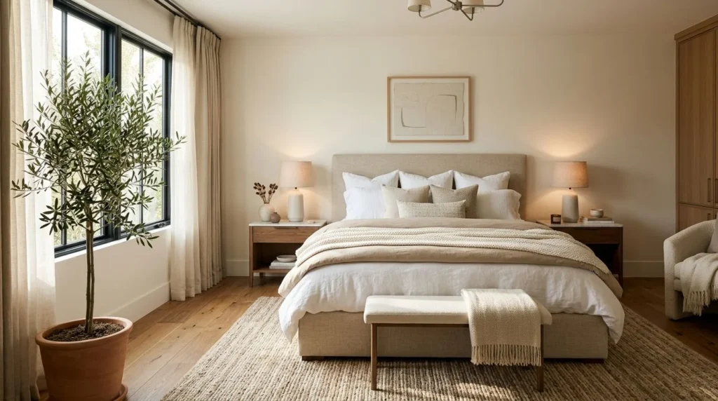 Modern bedroom decor ideas featuring neutral colors, cozy bedding, warm lighting, and elegant furniture for a relaxing home.