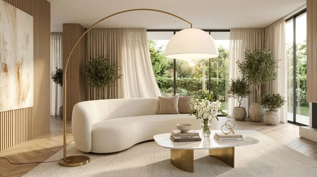 Luxury modern floor lamp creating ambient lighting in a contemporary living room with elegant designer furniture.