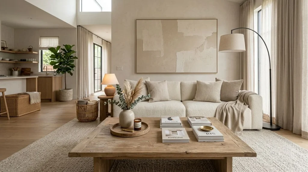 Essential home decor items in a modern stylish living room with rugs, mirrors, plants, lighting, and decorative accessories.