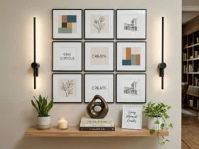 Modern gallery wall display with a 3x3 grid of framed art prints flanked by sleek black wall sconces above a floating wooden shelf with potted plants and decorative objects.