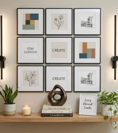 Modern gallery wall display with a 3x3 grid of framed art prints flanked by sleek black wall sconces above a floating wooden shelf with potted plants and decorative objects.