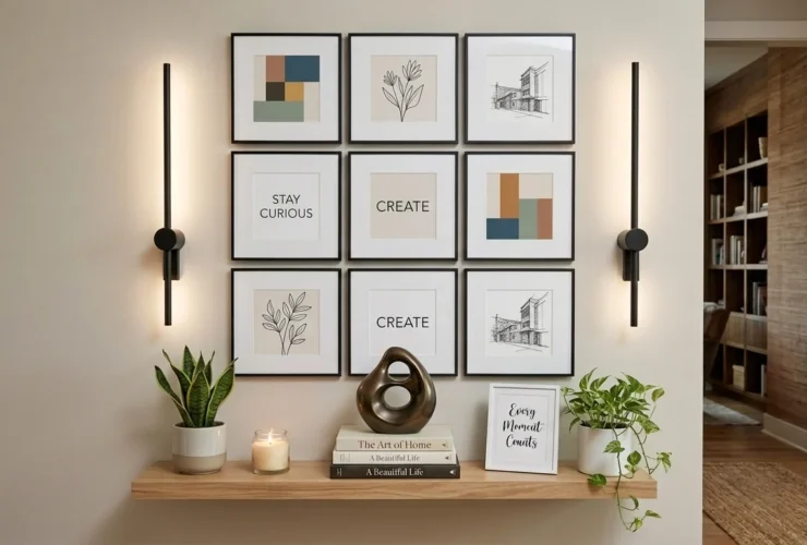 Modern gallery wall display with a 3x3 grid of framed art prints flanked by sleek black wall sconces above a floating wooden shelf with potted plants and decorative objects.