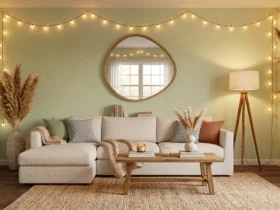Cozy living room with light green walls, warm string lights, a beige sectional sofa, asymmetrical wooden mirror, tripod floor lamp, and natural pampas grass decor.