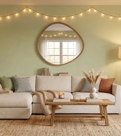 Cozy living room with light green walls, warm string lights, a beige sectional sofa, asymmetrical wooden mirror, tripod floor lamp, and natural pampas grass decor.